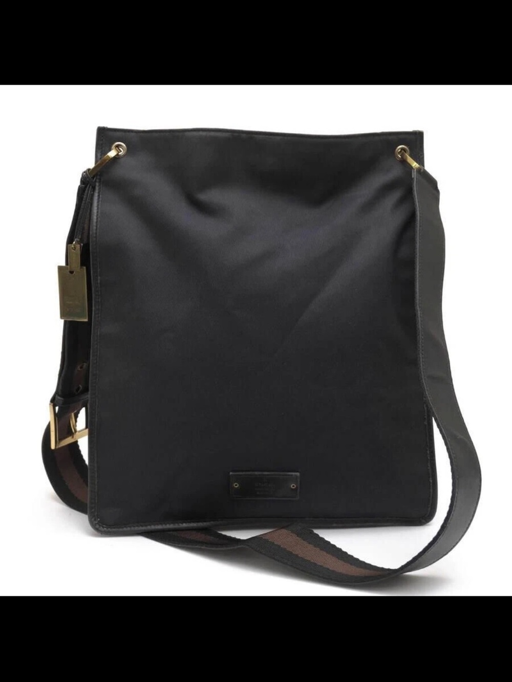 Gucci Black Nylon Messenger Bag with Brown Stripe Webbing